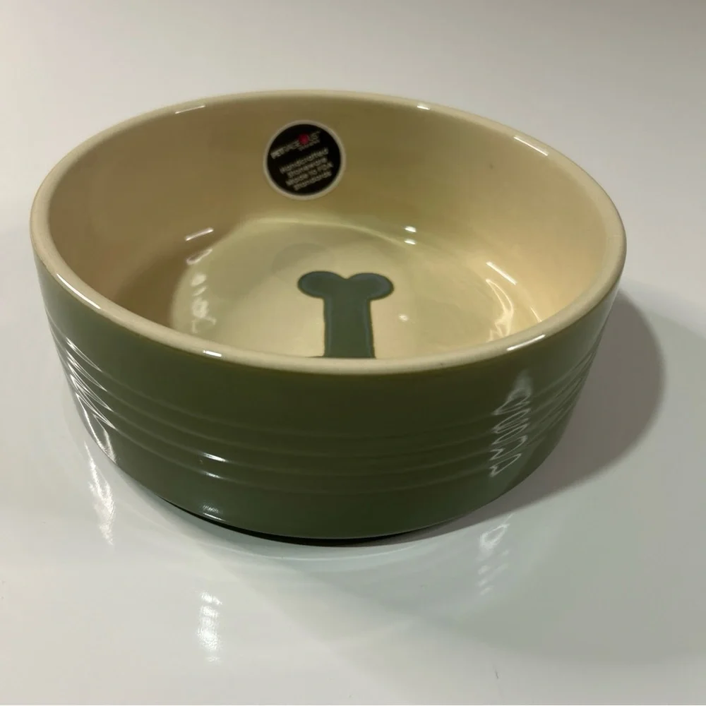Petrageous Dog Pet Bowl Feeding Water Stoneware Green Ivory Dishwasher